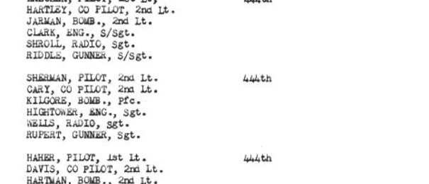 Mission Report 436 crew sheet crop listing Sherman as pilot and Cary as co-pilot in the 444th Bomb Squadron