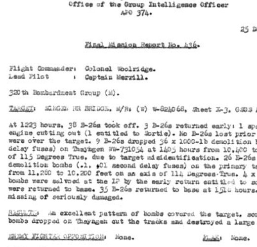 Mission Report 436 narrative crop describing the 25 December 1944 Singen target and Thayngen bombing result
