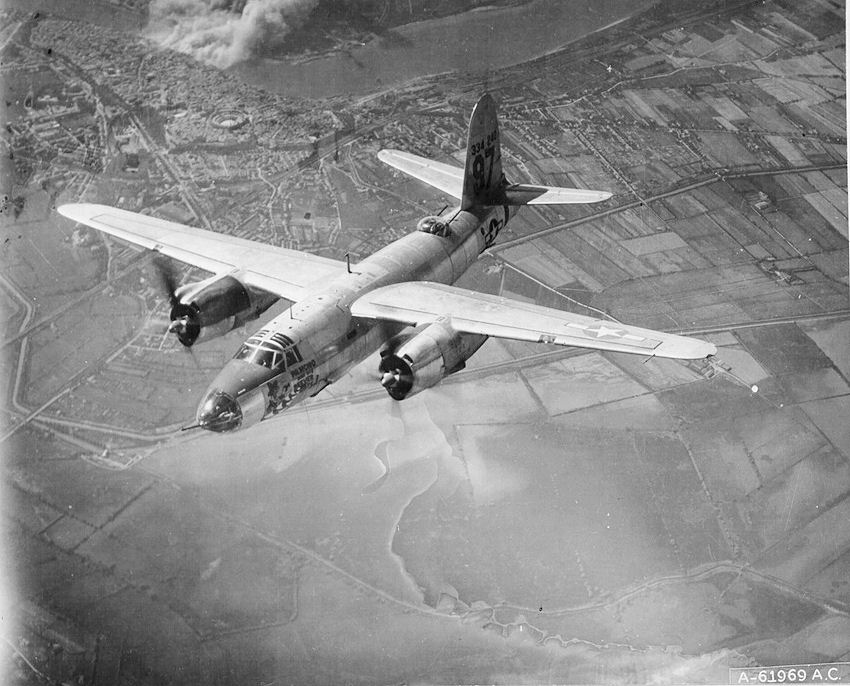 A 444th Bomb Squadron B-26 Marauder in flight over southern France in 1944