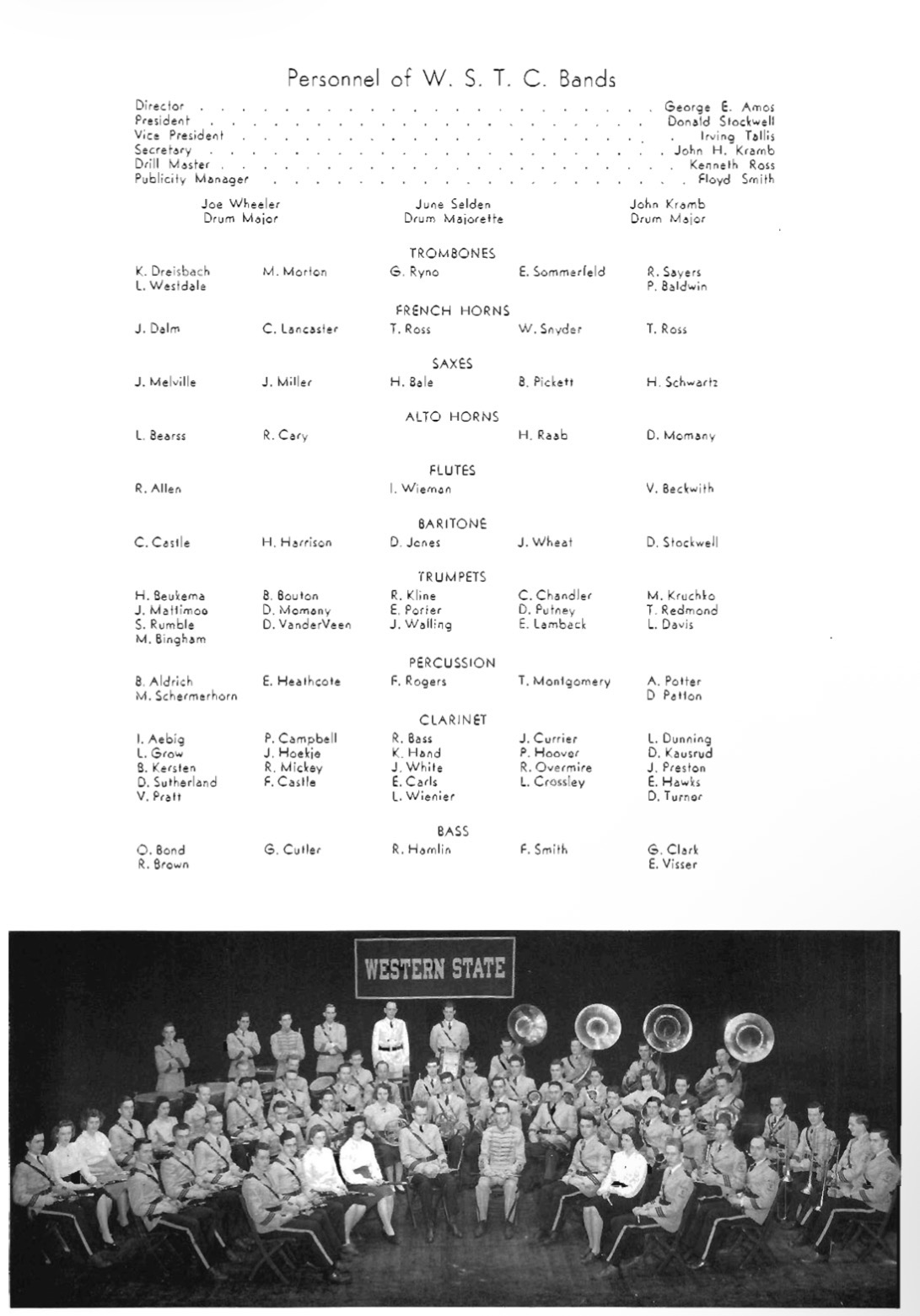 1941 Western State Teachers College Bands roster listing R Cary under Alto Horns